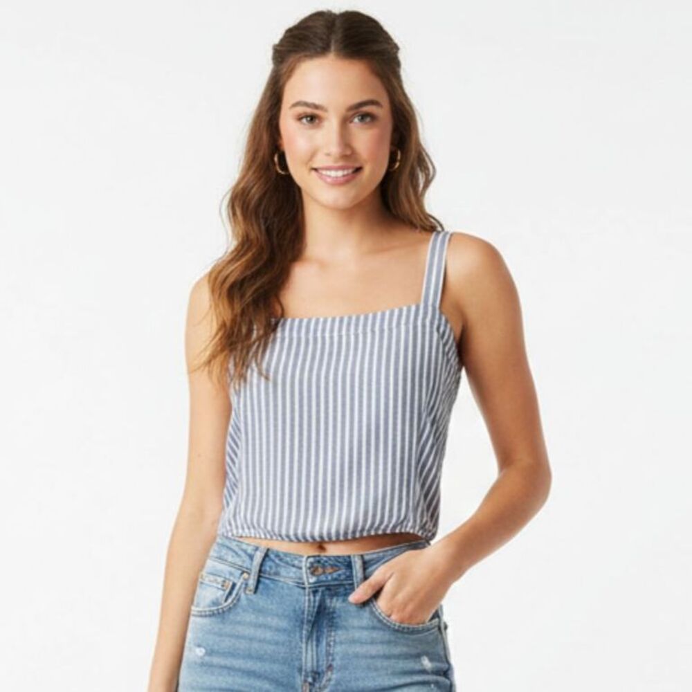 Hollister Blouse  Women Sz L Blue White Striped Sleeveless Casual Summer Travel